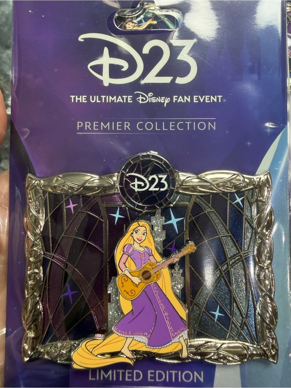 Disney D23 premier pin 2026 Rapunzel Purple & Gold Guitar Brooch. LE of 1000.